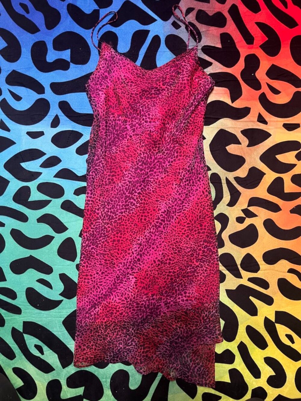 MY MICHELLE PINK AND RED LEOPARD ANIMAL PRINT SPAGHETTI STRING LINED DRESS 7/8